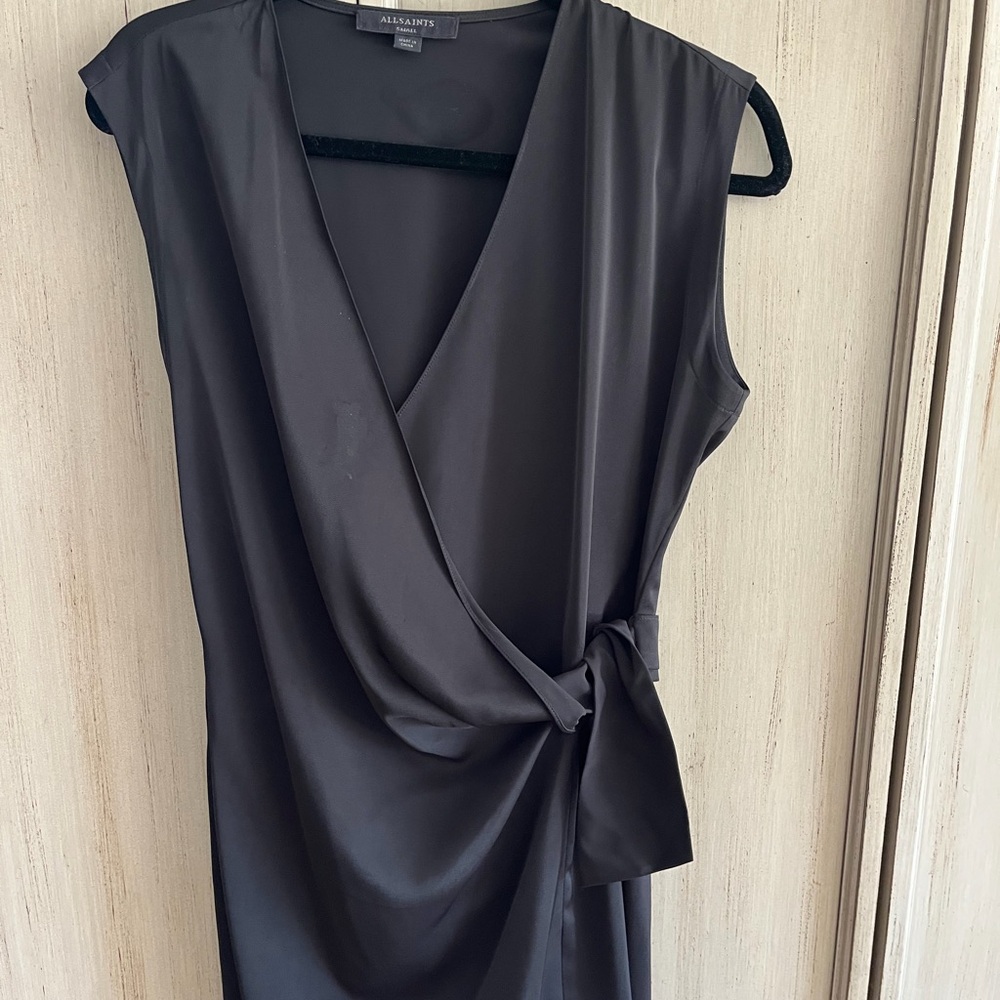 AllSaints Black Sleeveless Wrap-Front Midi Dress